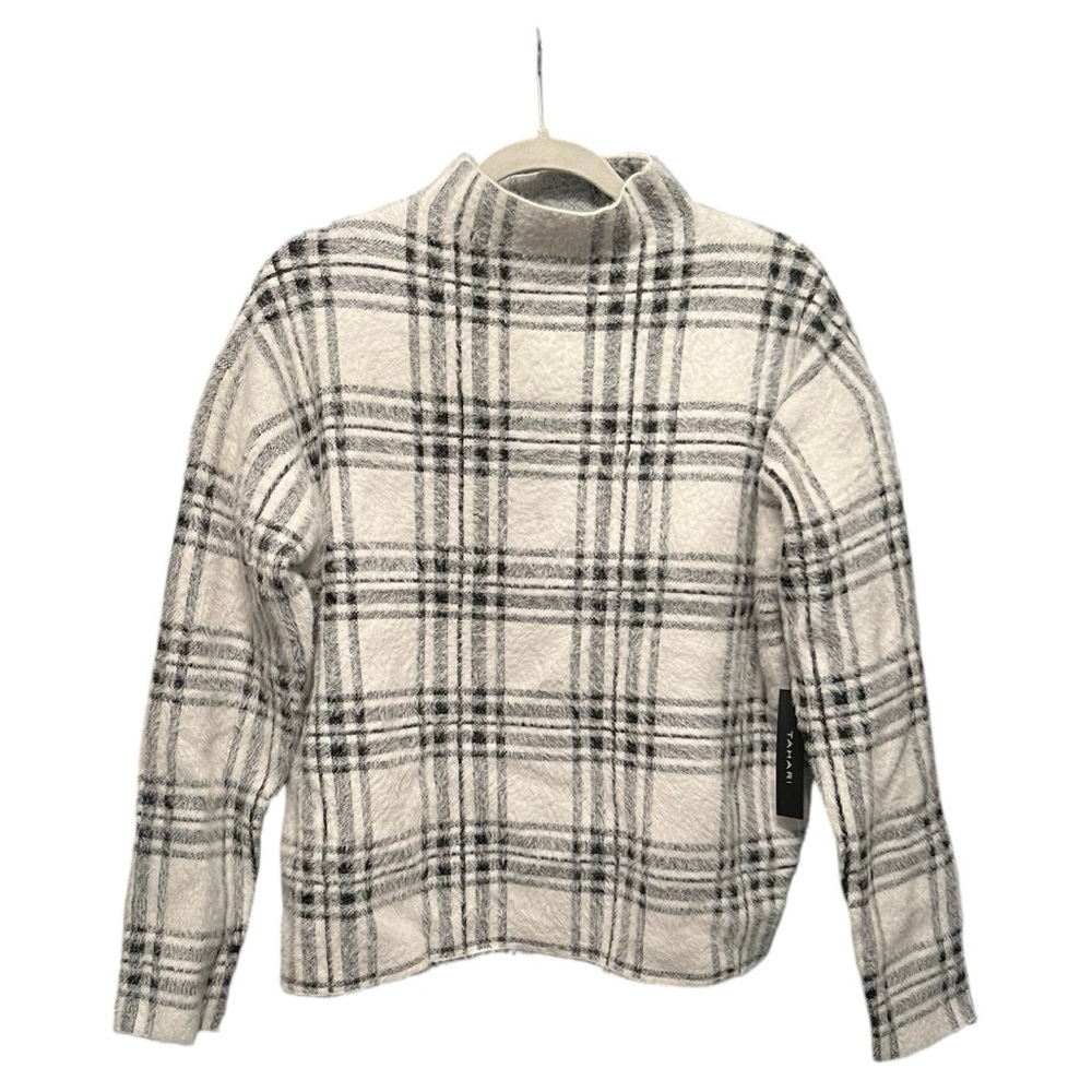 Tahari Women’s Textured Grey Plaid Mock Neck Sweater